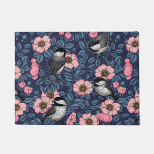 Chickadees in the wild rose in pink and blue doormat