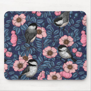 Chickadees in the wild rose in pink and blue mouse pad