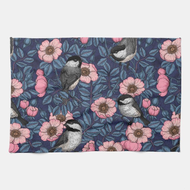 Chickadees in the wild rose in pink and blue tea towel (Horizontal)