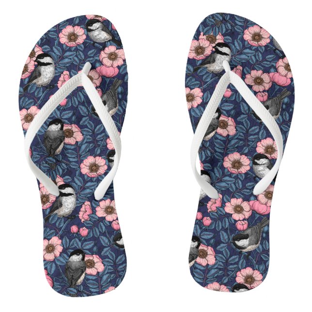 Chickadees in the wild rose in pink and blue thongs (Footbed)