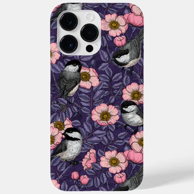 Chickadees in the wild rose in pink and violet Case-Mate iPhone case (Back)