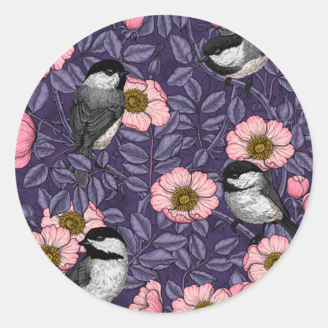 Chickadees in the wild rose in pink and violet classic round sticker (Front)