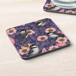 Chickadees in the wild rose in pink and violet coaster