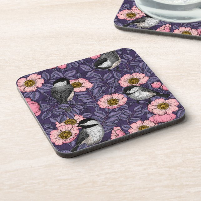 Chickadees in the wild rose in pink and violet coaster (Left Side)