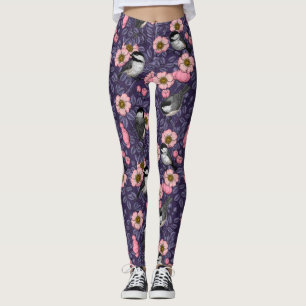 Chickadees in the wild rose in pink and violet leggings