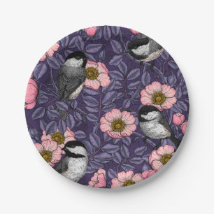 Chickadees in the wild rose in pink and violet paper plate