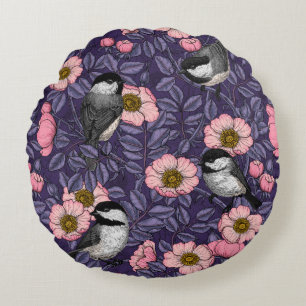 Chickadees in the wild rose in pink and violet round cushion