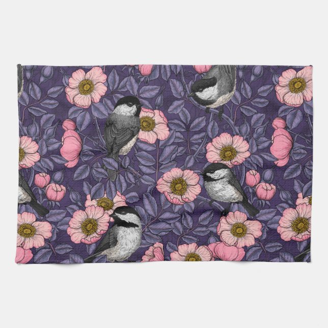 Chickadees in the wild rose in pink and violet tea towel (Horizontal)