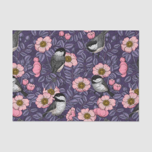 Chickadees in the wild rose in pink and violet tissue paper (Front)