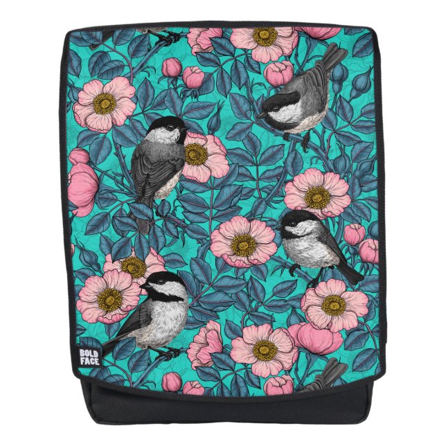 Chickadees in the wild rose, pink and blue backpack (Front)