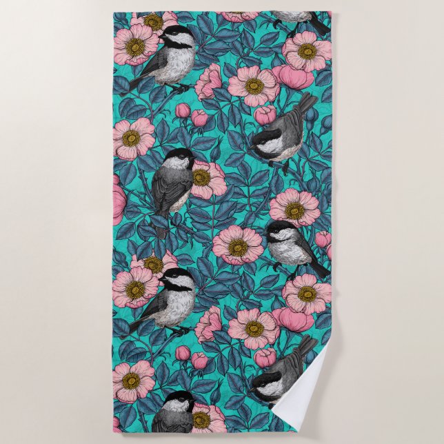 Chickadees in the wild rose, pink and blue beach towel (Front)
