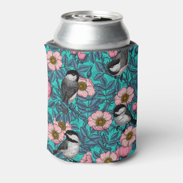Chickadees in the wild rose, pink and blue can cooler (Can Back)