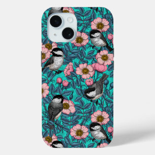 Chickadees in the wild rose, pink and blue iPhone 15 case