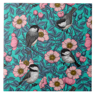 Chickadees in the wild rose, pink and blue ceramic tile