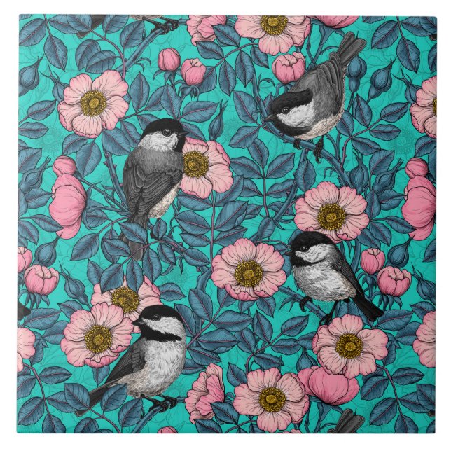 Chickadees in the wild rose, pink and blue ceramic tile (Front)