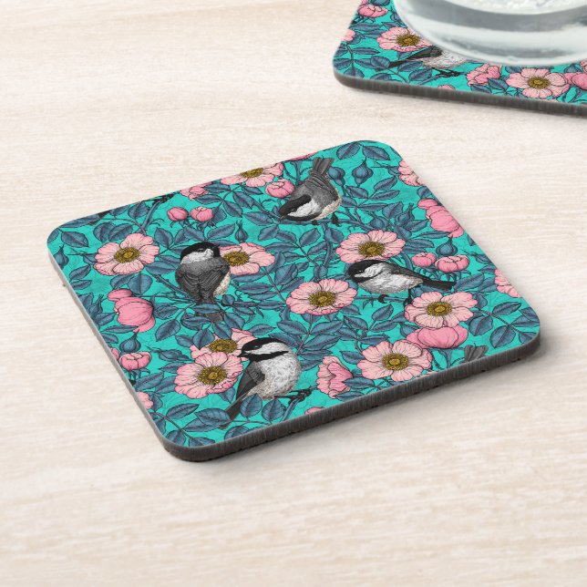 Chickadees in the wild rose, pink and blue coaster (Left Side)