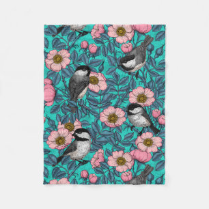 Chickadees in the wild rose, pink and blue fleece blanket