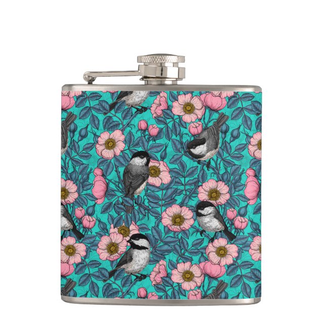 Chickadees in the wild rose, pink and blue hip flask (Front)