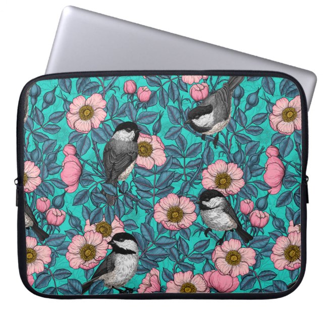 Chickadees in the wild rose, pink and blue laptop sleeve (Front)