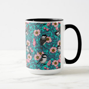 Chickadees in the wild rose, pink and blue mug