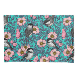 Chickadees in the wild rose, pink and blue pillowcase