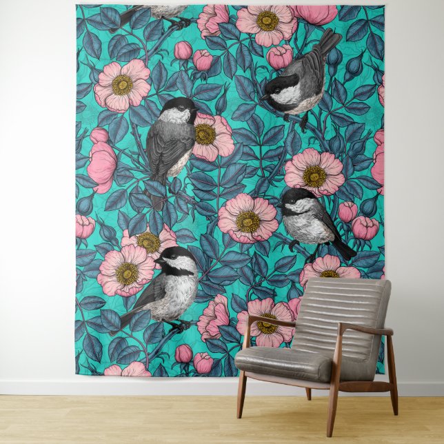 Chickadees in the wild rose, pink and blue tapestry (In Situ)