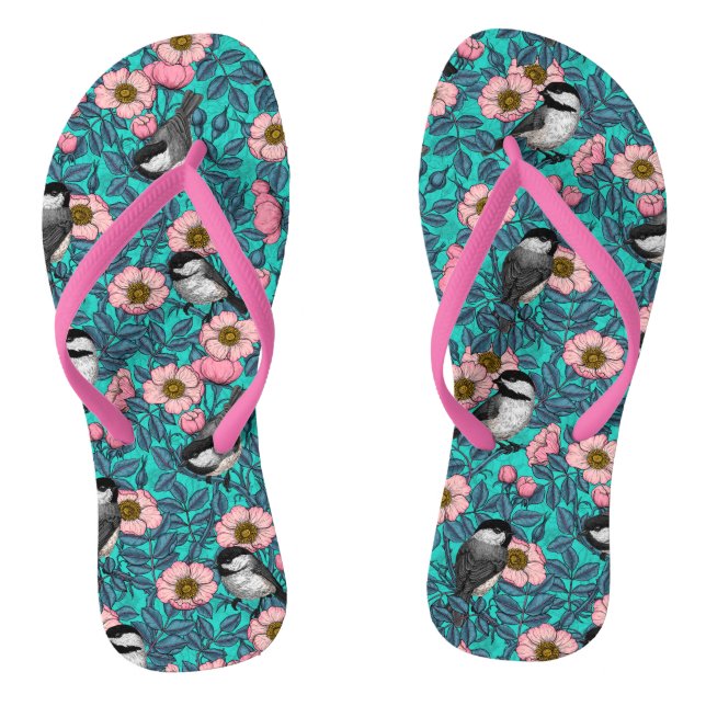 Chickadees in the wild rose, pink and blue thongs (Footbed)