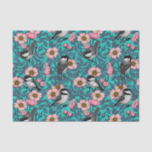 Chickadees in the wild rose, pink and blue tissue paper