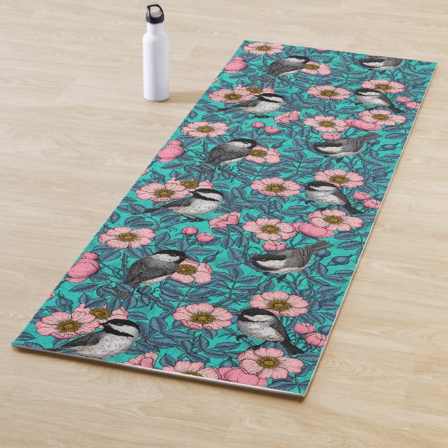 Chickadees in the wild rose, pink and blue yoga mat (In Situ)