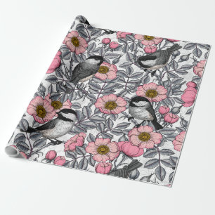 Chickadees in the wild rose, pink and gray wrapping paper