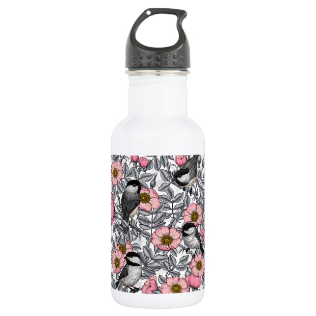 Chickadees in the wild rose, pink and grey 532 ml water bottle (Front)