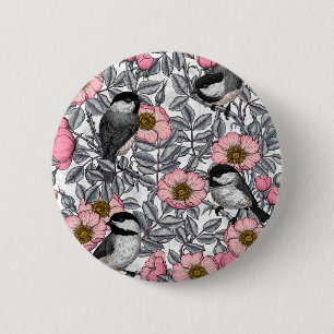 Chickadees in the wild rose, pink and grey 6 cm round badge