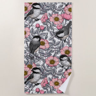 Chickadees in the wild rose, pink and grey beach towel