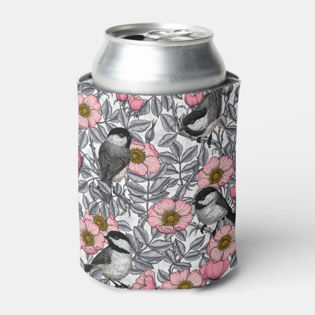 Chickadees in the wild rose, pink and grey can cooler (Can Front)