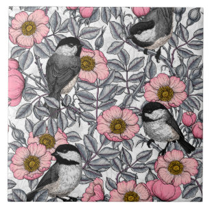 Chickadees in the wild rose, pink and grey ceramic tile