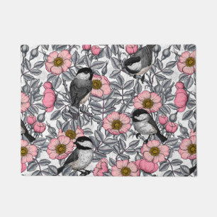 Chickadees in the wild rose, pink and grey doormat