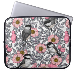 Chickadees in the wild rose, pink and grey laptop sleeve