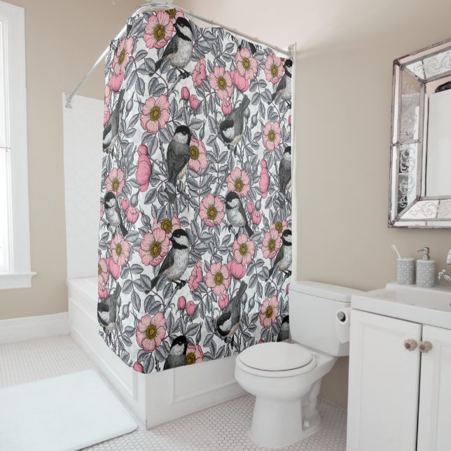 Chickadees in the wild rose, pink and grey shower curtain (In Situ)