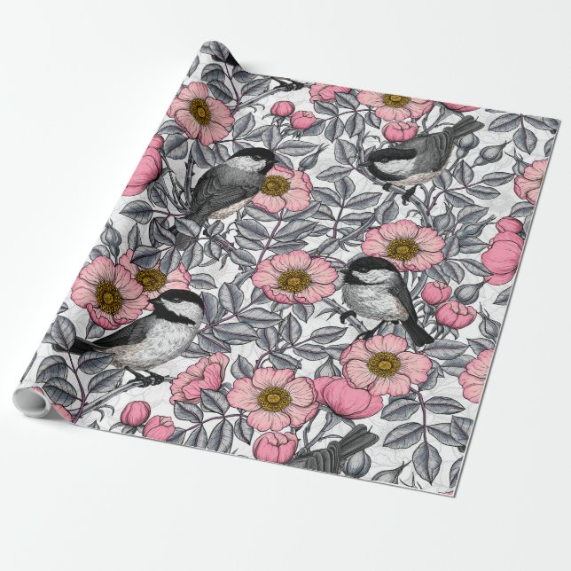 Chickadees in the wild rose, pink and grey wrapping paper (Unrolled)