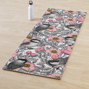 Chickadees in the wild rose, pink and grey yoga mat