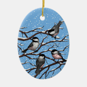 Chickadees in winter ceramic ornament