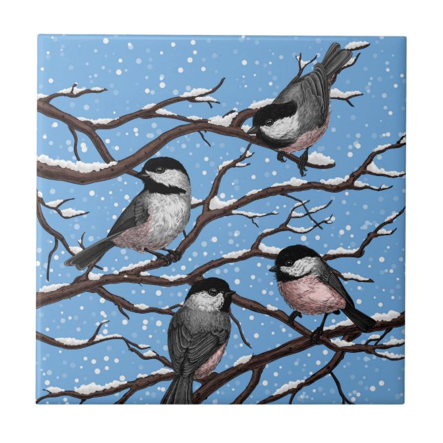 Chickadees in winter ceramic tile (Front)