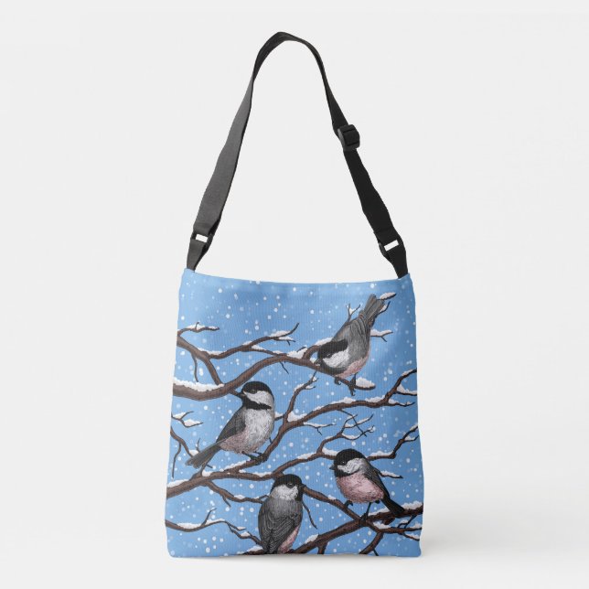 Chickadees in winter crossbody bag (Back)