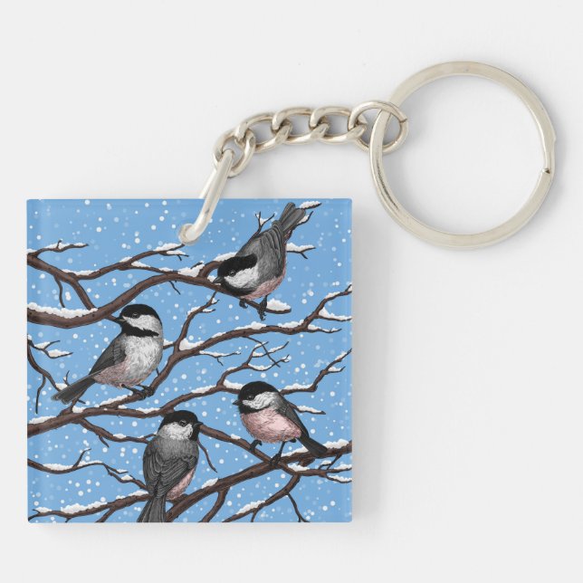 Chickadees in winter key ring (Back)