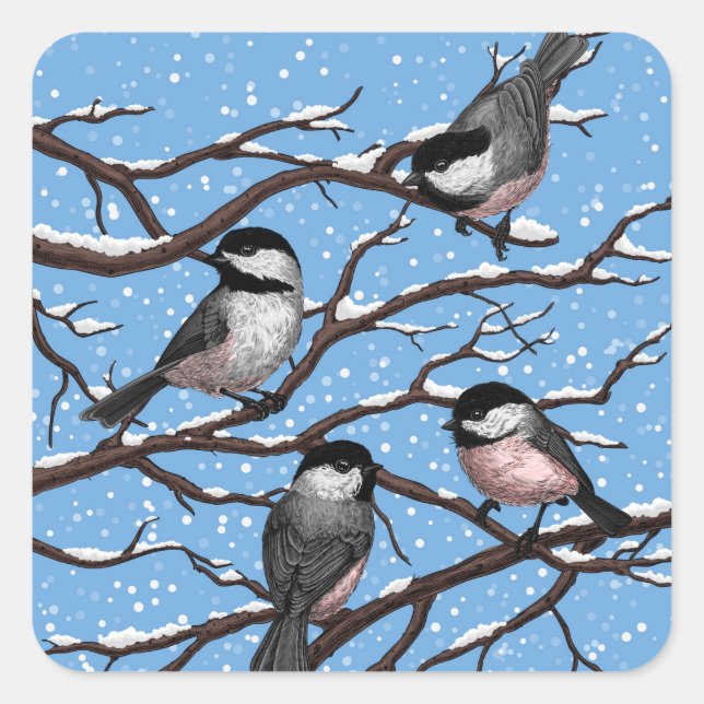 Chickadees in winter square sticker (Front)