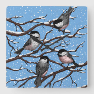 Chickadees in winter square wall clock