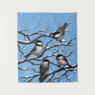Chickadees in winter tapestry