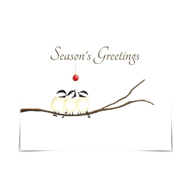 Chickadees on Branch Looking at Red Ornament Card (Creator Uploaded)