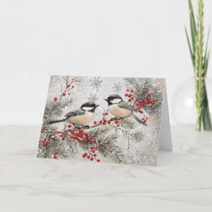 Chickadees on Evergreen with Red Berries Card