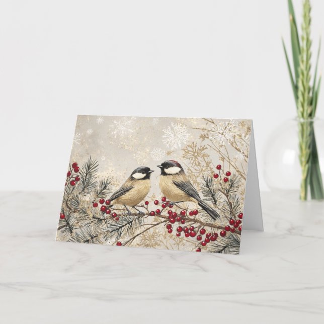 Chickadees Perched on Evergreen with Glitter Card (Front)